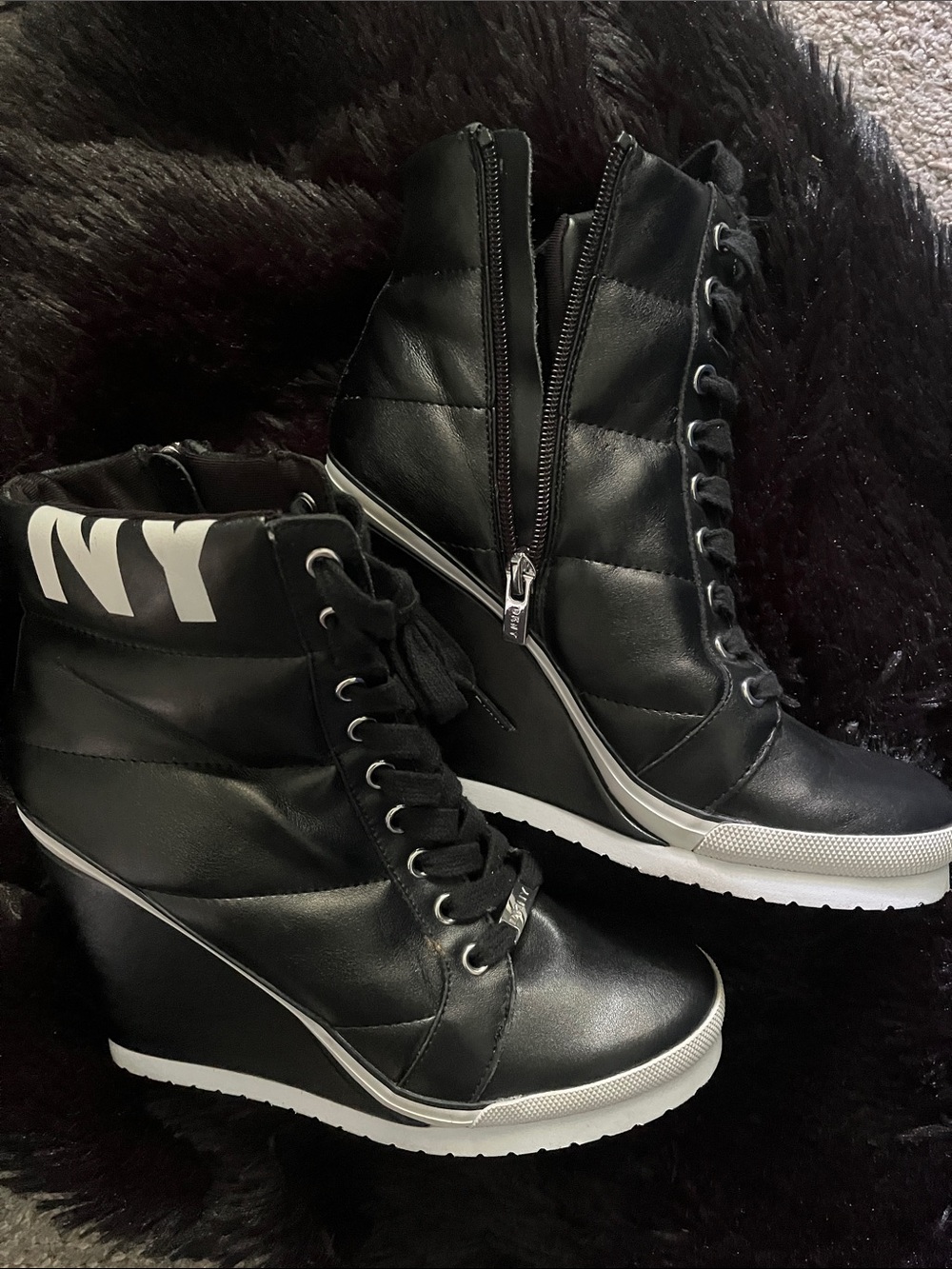 DKNY Black Lace-Up Wedge Ankle Booties with Side Zip